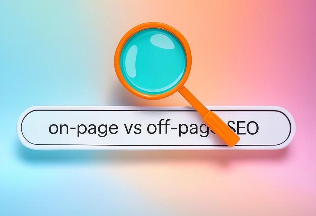 A search bar and a magnifying glass with a vivid gradient background exploring the topic of On-page vs off-page SEO: Discover the secret battle that determines your ranking success. Master both strategies to skyrocket your visibility and crush competitors!