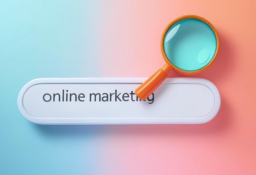 A search bar and a magnifying glass with a vivid gradient background exploring the topic of Online marketing made simple! Discover proven strategies to boost your visibility, attract customers, and grow your business without breaking the bank. Ready to outshine your competition?