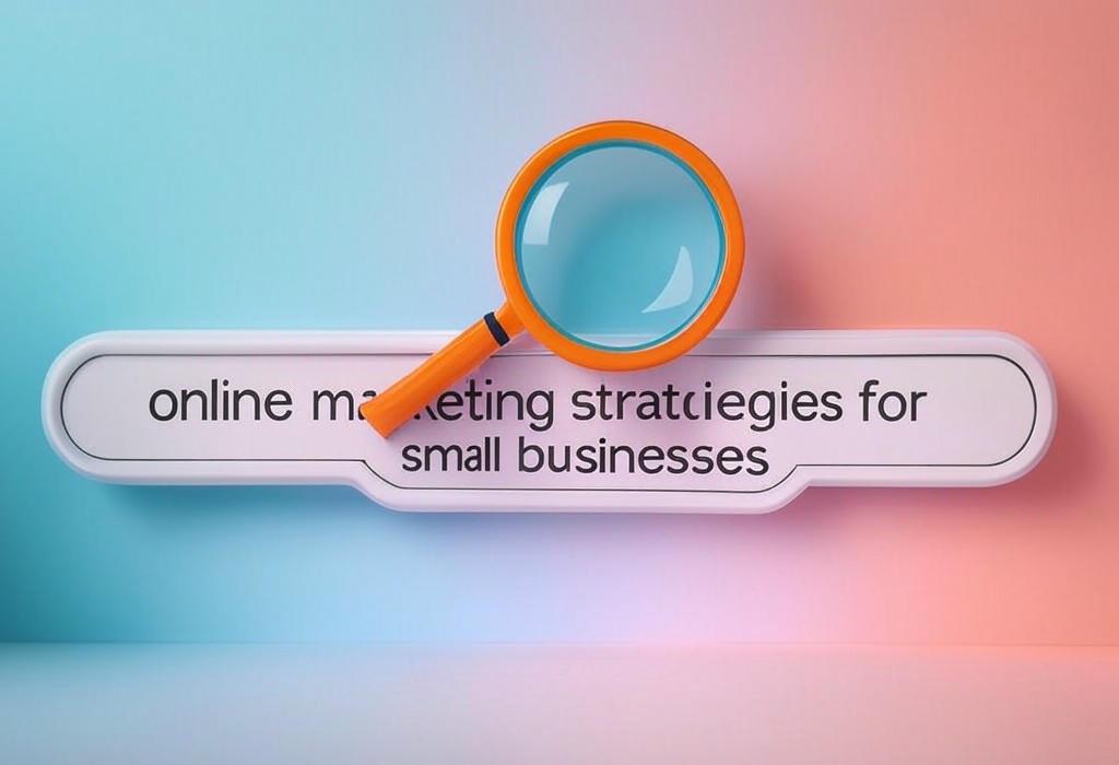 A search bar and a magnifying glass with a vivid gradient background exploring the topic of Discover online marketing strategies for small businesses that actually work! Boost your visibility, attract more customers, and outshine competitors without breaking the bank.