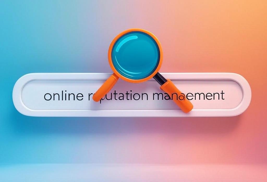 A search bar and a magnifying glass with a vivid gradient background exploring the topic of Online reputation management isn't just for big brands. Learn how to control your digital footprint, build trust, and turn negative reviews into opportunities. Your brand image starts here!