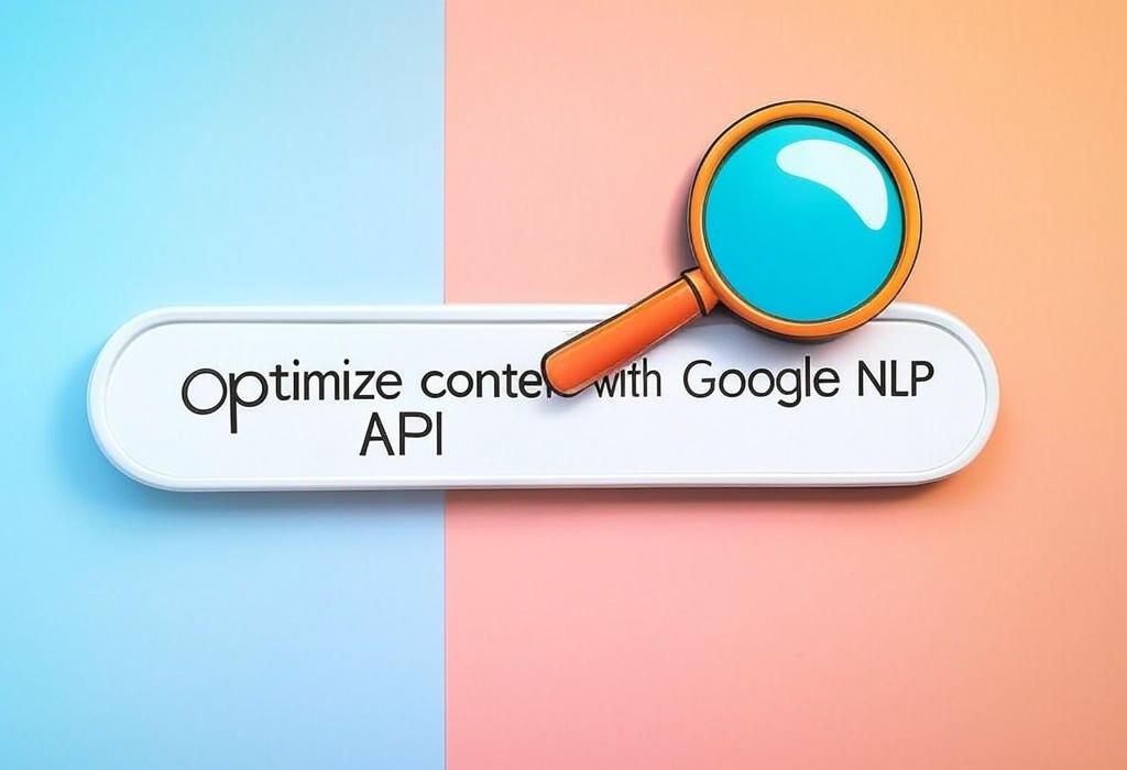 A search bar and a magnifying glass with a vivid gradient background exploring the topic of Optimize content with Google NLP API to skyrocket your rankings! Discover how this powerful tool analyzes text, understands sentiment, and helps you craft content that both search engines and readers will love.