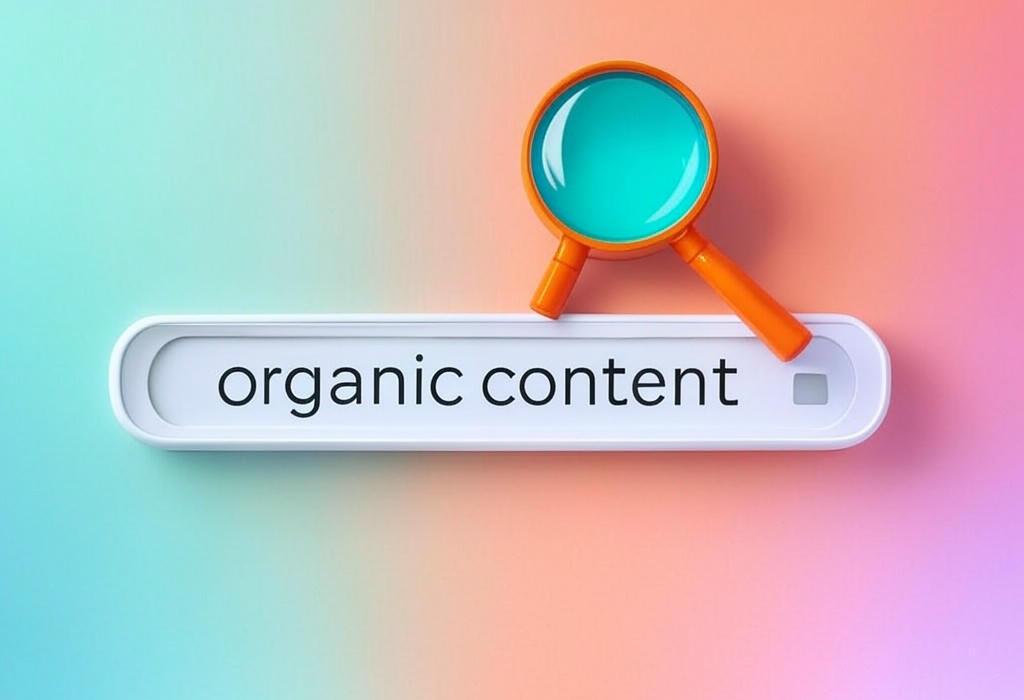 A search bar and a magnifying glass with a vivid gradient background exploring the topic of Organic content grabs attention and boosts rankings without paid ads. Learn how to create buzz-worthy material that converts visitors into loyal customers, while keeping search engines happy!