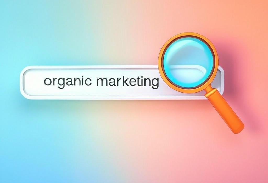 A search bar and a magnifying glass with a vivid gradient background exploring the topic of Organic marketing drives real results without paid ads. Discover powerful strategies to grow your audience naturally and boost your business with sustainable, cost-effective techniques!