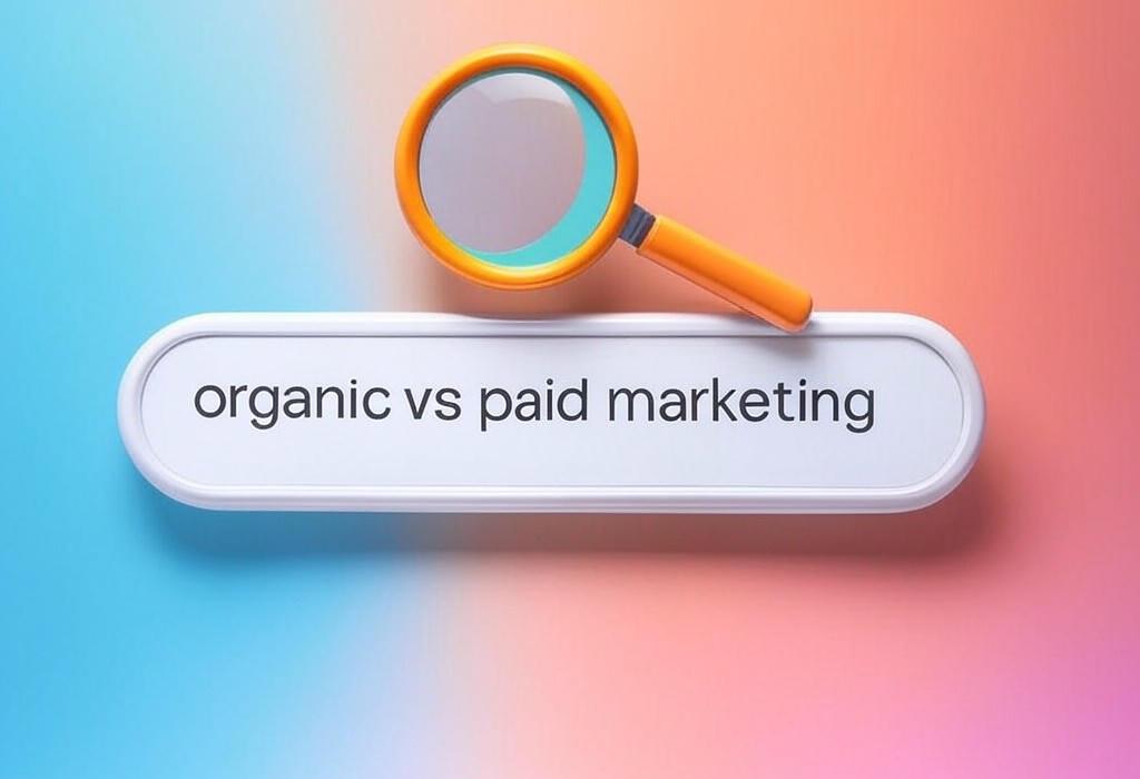 A search bar and a magnifying glass with a vivid gradient background exploring the topic of Organic vs paid marketing: Discover which strategy drives better ROI! Uncover the secret formula smart marketers use to balance both approaches for maximum results without breaking the bank.