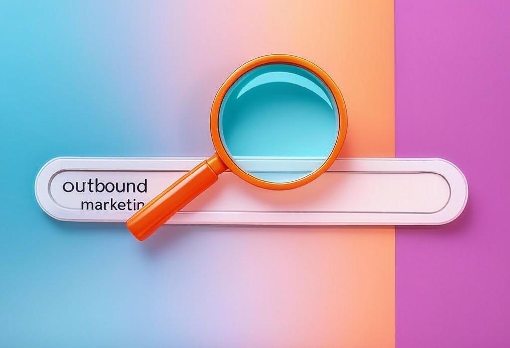 A search bar and a magnifying glass with a vivid gradient background exploring the topic of Outbound marketing isn't dead! Learn why top brands still use this powerful tactic to reach ideal customers, boost sales, and gain an edge over competitors who focus only on inbound strategies.