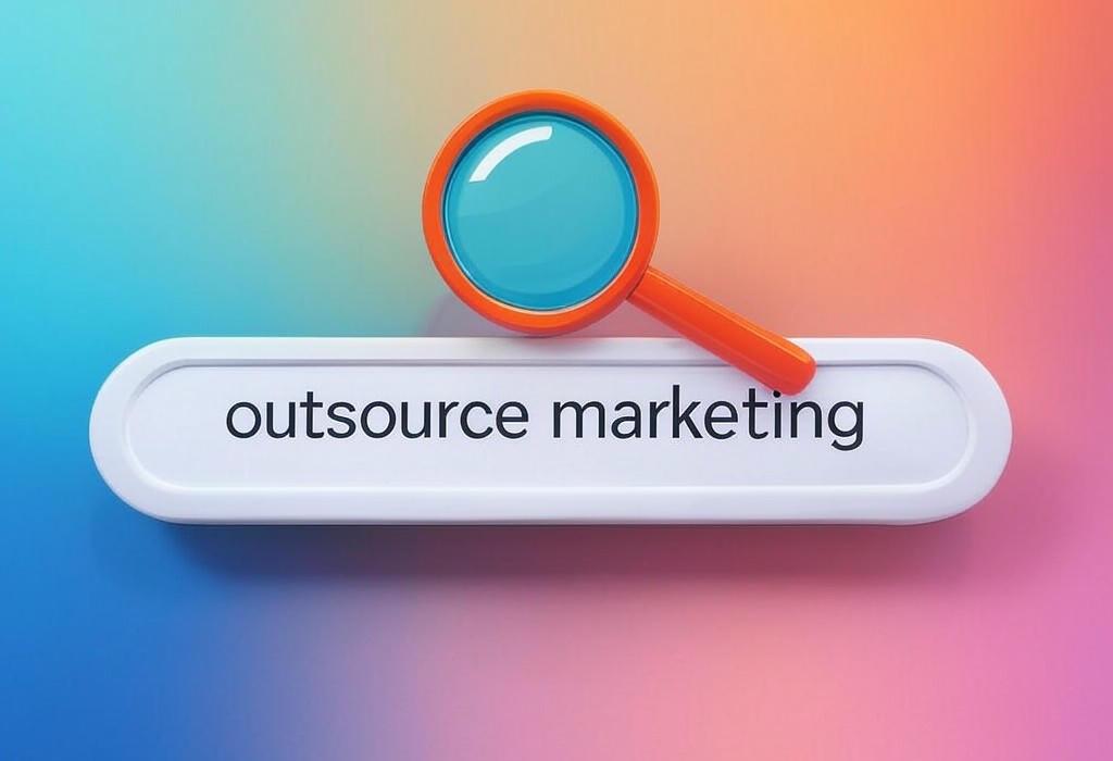 A search bar and a magnifying glass with a vivid gradient background exploring the topic of Outsource marketing to skyrocket your business growth while cutting costs. Focus on what you do best and let experts handle your marketing strategy. Ready to see amazing results?