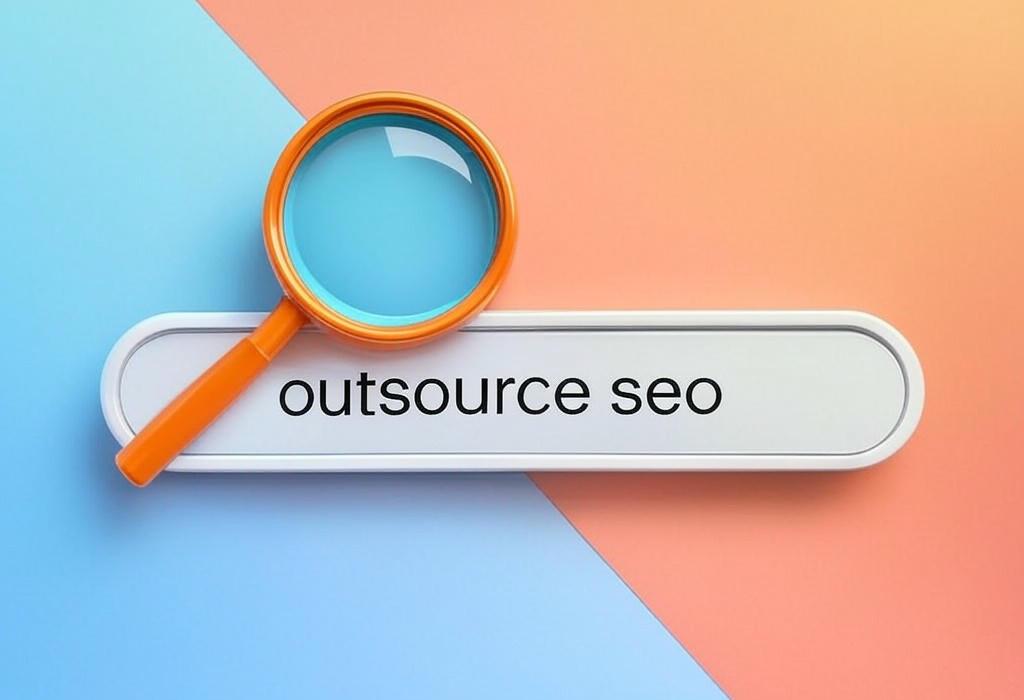 A search bar and a magnifying glass with a vivid gradient background exploring the topic of Outsource SEO to experts and watch your rankings soar! Discover how to find reliable partners who deliver real results without breaking the bank. Stop struggling with complex algorithms alone.