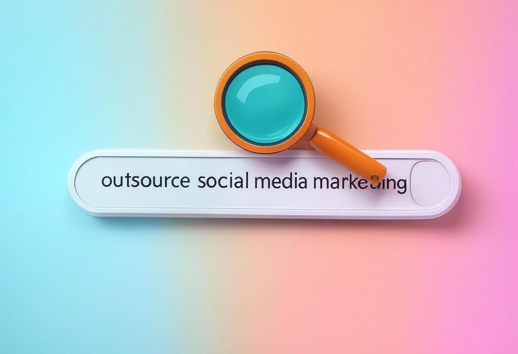 A search bar and a magnifying glass with a vivid gradient background exploring the topic of Outsource social media marketing to focus on your business while experts grow your online presence. Save time, reduce stress, and watch your engagement soar!