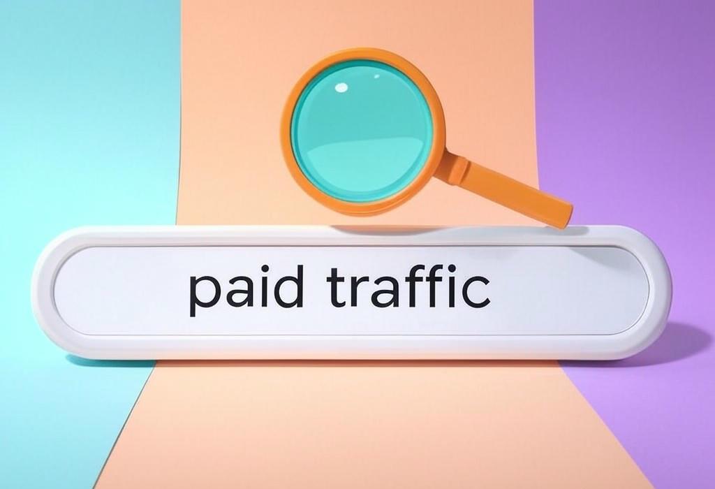 A search bar and a magnifying glass with a vivid gradient background exploring the topic of Paid traffic can transform your business overnight! Discover how to get quality visitors to your website without waiting for organic growth. Ready to see real results? Click now.