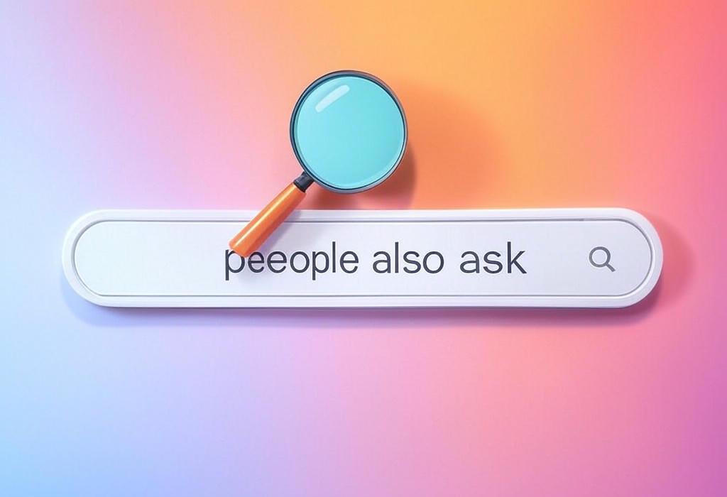 A search bar and a magnifying glass with a vivid gradient background exploring the topic of People Also Ask: Unlock hidden gems your audience is searching for! Discover how to leverage these search features to boost your content strategy and capture more targeted traffic.