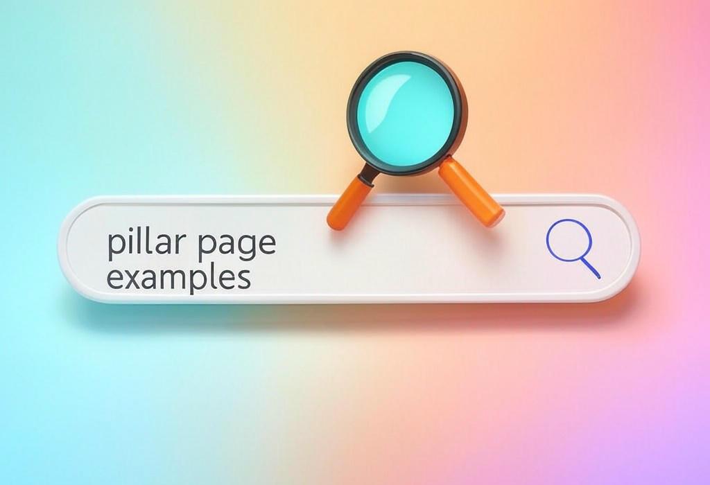 A search bar and a magnifying glass with a vivid gradient background exploring the topic of Pillar page examples that transform your content strategy! Discover how the pros organize their best work to dominate search rankings and keep visitors glued to your website. Ready to level up?