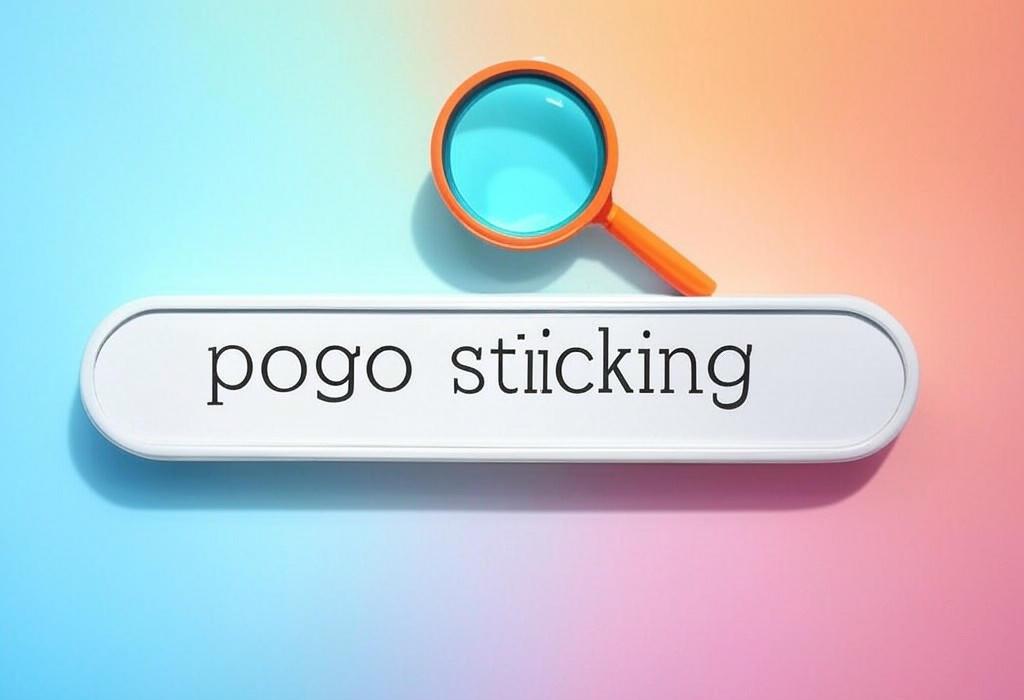A search bar and a magnifying glass with a vivid gradient background exploring the topic of Pogo sticking hurts your SEO rankings! Discover why users bounce back to search results and how to fix this traffic-killing behavior on your website. Stop the bouncing today.
