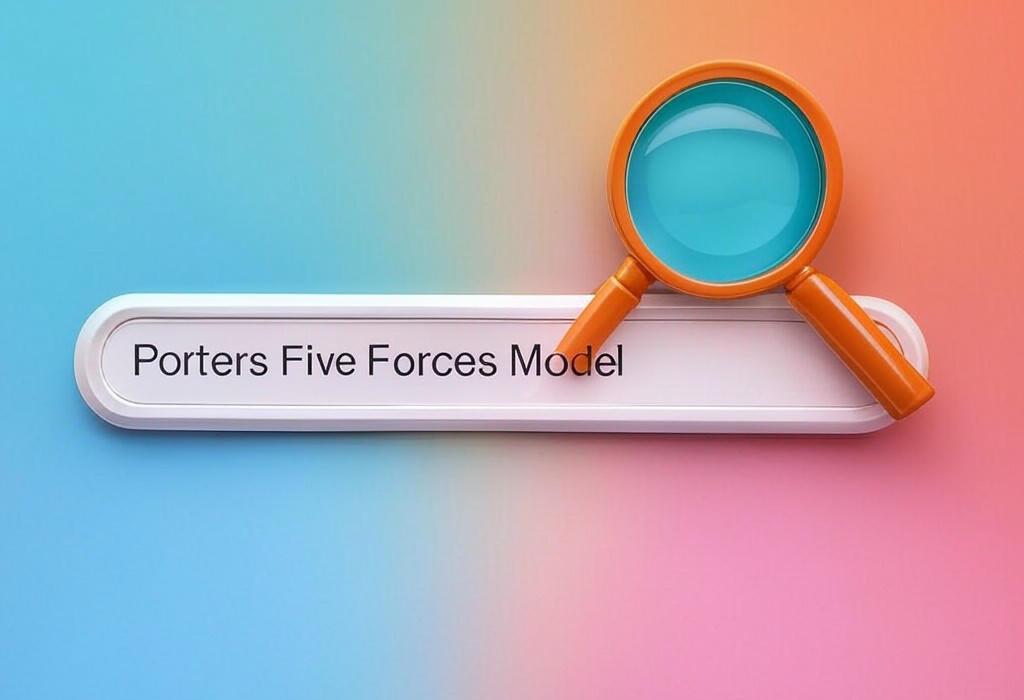 A search bar and a magnifying glass with a vivid gradient background exploring the topic of Porter's Five Forces Model reveals the hidden competitive forces shaping your industry. Discover how to analyze threats and opportunities to gain a strategic edge over rivals.