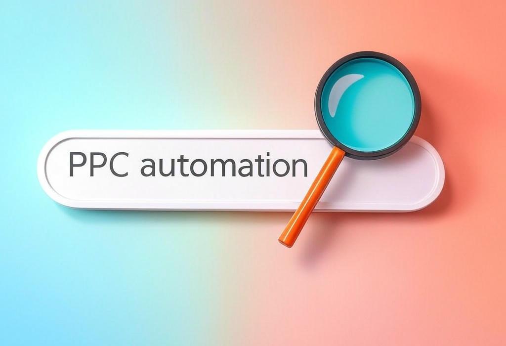 A search bar and a magnifying glass with a vivid gradient background exploring the topic of PPC automation unlocks your ad campaigns' true potential while saving you time and money. Discover how to streamline your workflow and boost ROI with smart automation tools!