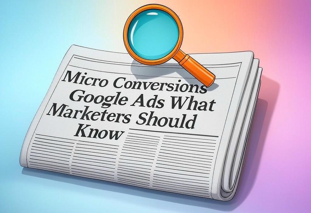 A newspaper and a magnifying glass with a vivid gradient background exploring the topic of Micro-conversions Google Ads: Wondering what they are? Unlock the secrets marketers use to track small steps for huge wins. Find out now!