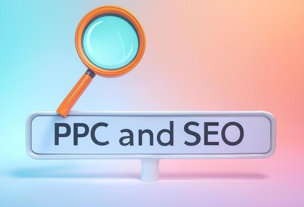 A search bar and a magnifying glass with a vivid gradient background exploring the topic of PPC and SEO: Unleash the ultimate digital marketing power duo! Discover how combining these strategies boosts visibility, drives targeted traffic, and maximizes ROI while your competitors struggle with just one.