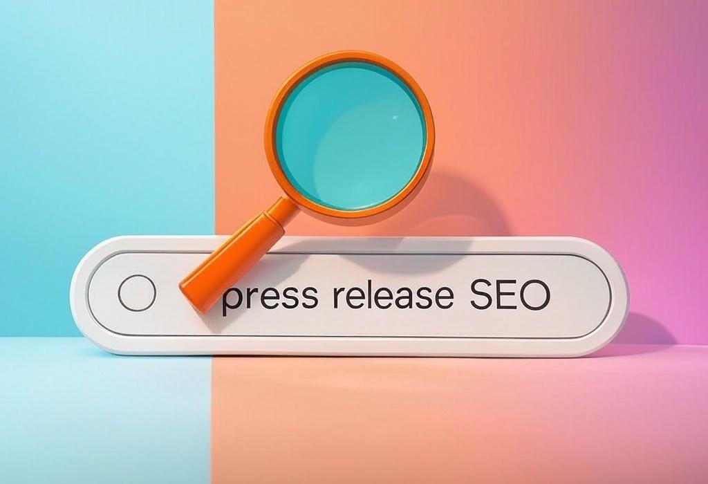 A search bar and a magnifying glass with a vivid gradient background exploring the topic of Press release SEO transforms boring announcements into traffic-driving content. Learn how to craft releases that capture media attention and boost rankings without extra ad spend.