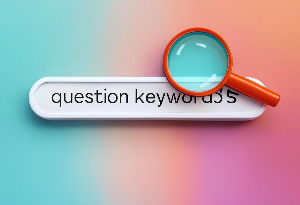 A search bar and a magnifying glass with a vivid gradient background exploring the topic of Question keywords unlock hidden traffic! Learn how to target exactly what your audience is asking and boost your rankings with this simple yet powerful SEO hack most marketers miss.