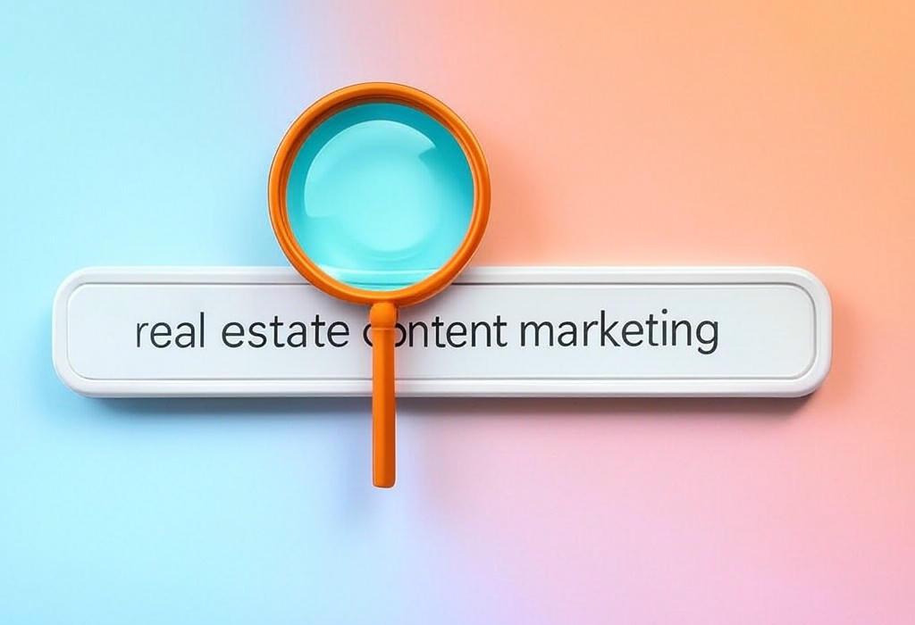 A search bar and a magnifying glass with a vivid gradient background exploring the topic of Real estate content marketing secrets that'll skyrocket your property listings! Discover proven strategies to attract buyers, boost engagement, and close more deals faster. Click here!