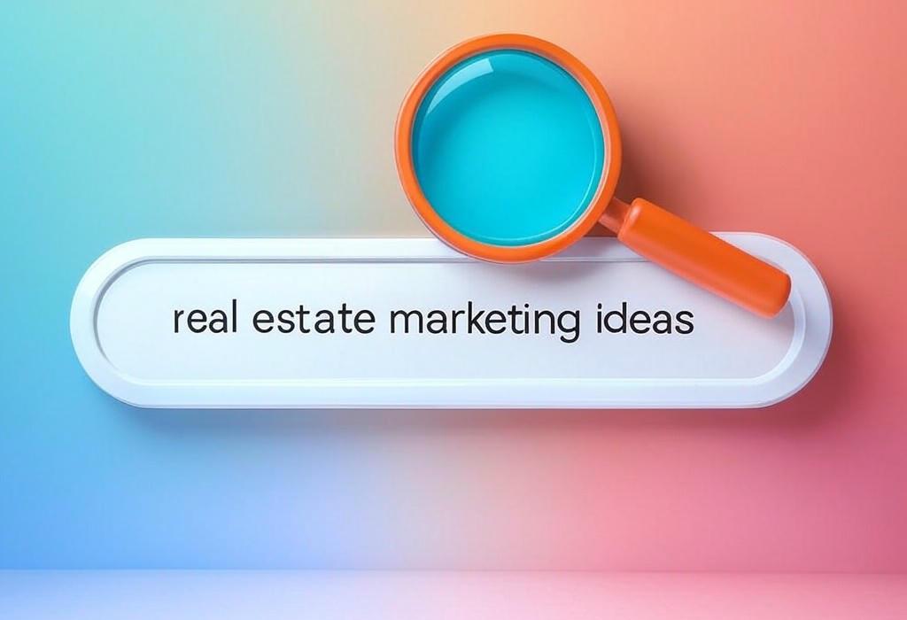 A search bar and a magnifying glass with a vivid gradient background exploring the topic of Real estate marketing ideas that will skyrocket your sales! Discover proven tactics to attract clients, stand out from competition, and grow your business faster than ever before.