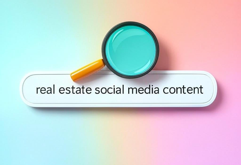 A search bar and a magnifying glass with a vivid gradient background exploring the topic of Real estate social media content that converts! Discover proven strategies, eye-catching ideas, and expert tips to grow your following and turn scrollers into clients. Stand out now!