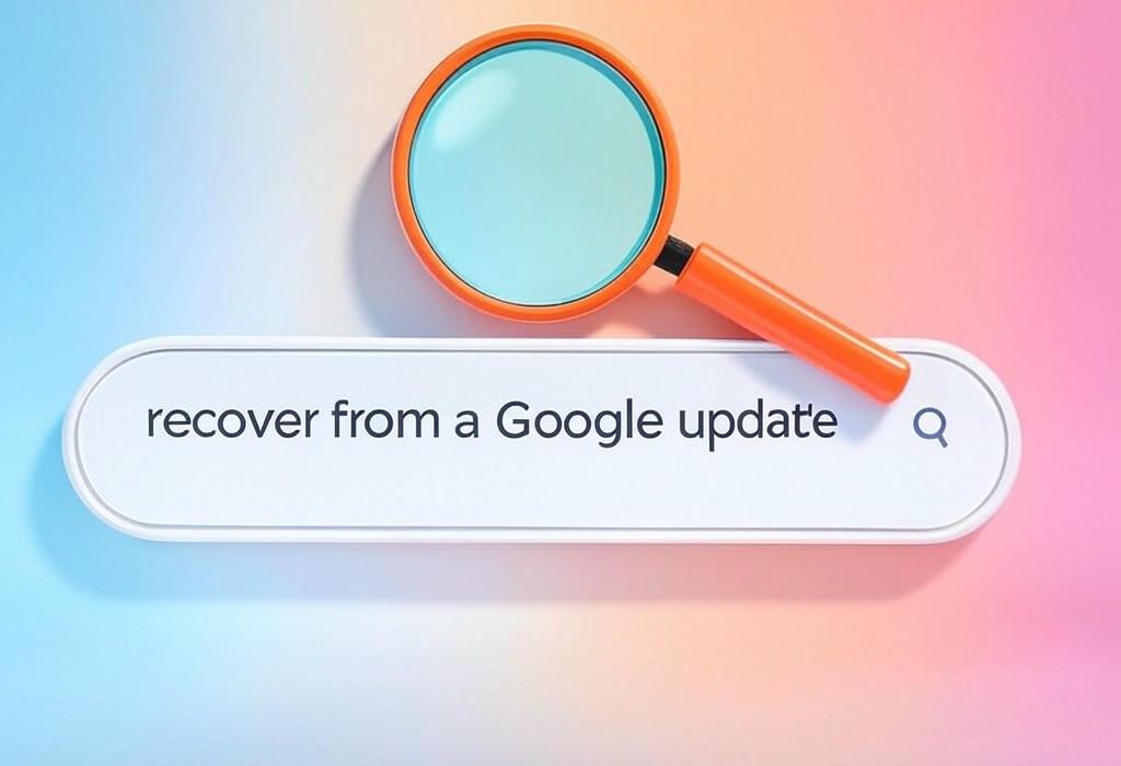 A search bar and a magnifying glass with a vivid gradient background exploring the topic of Recover from a Google update with proven strategies that won't break the bank. Learn expert tactics to bounce back fast when your rankings drop and regain your traffic before competitors notice!