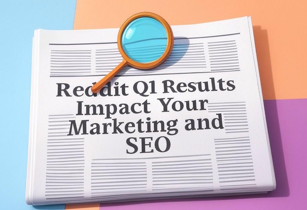 A newspaper and a magnifying glass with a vivid gradient background exploring the topic of Reddit Q1 report analysis: See how its growth impacts your digital marketing and SEO plans. Get the crucial takeaways every marketer needs right now.