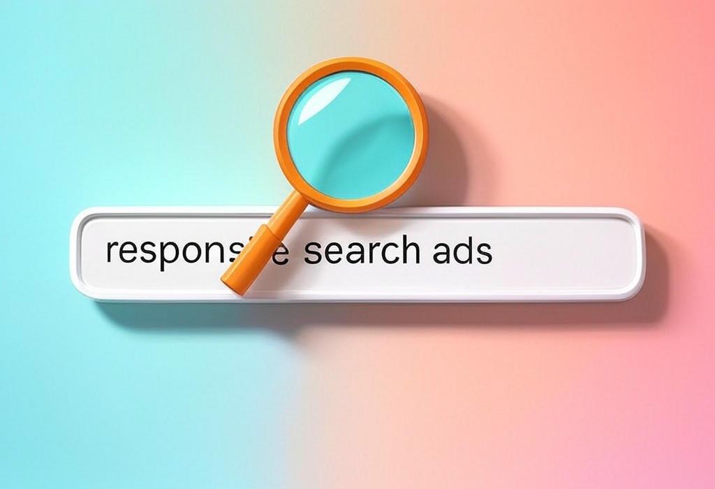 A search bar and a magnifying glass with a vivid gradient background exploring the topic of Responsive Search Ads maximize your Google Ads ROI with multiple headlines and descriptions that adapt to every search. Learn how to create ads that boost clicks and conversions!