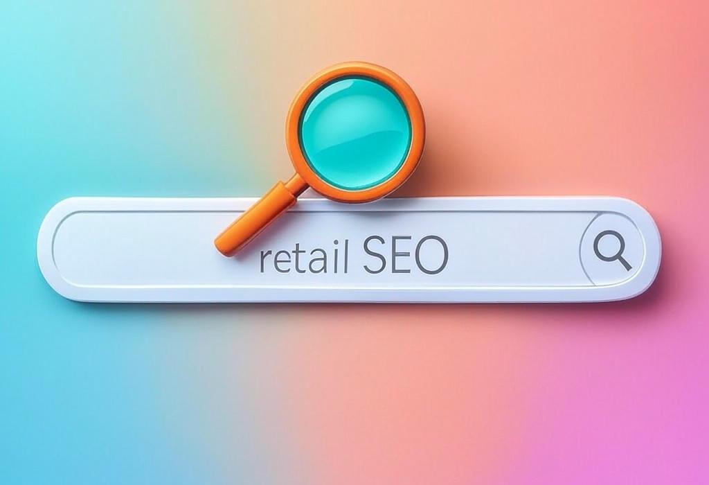 A search bar and a magnifying glass with a vivid gradient background exploring the topic of Retail SEO: Unlock the secret strategies top brands use to dominate search rankings and attract more customers. Boost your visibility and sales with our proven tactics!