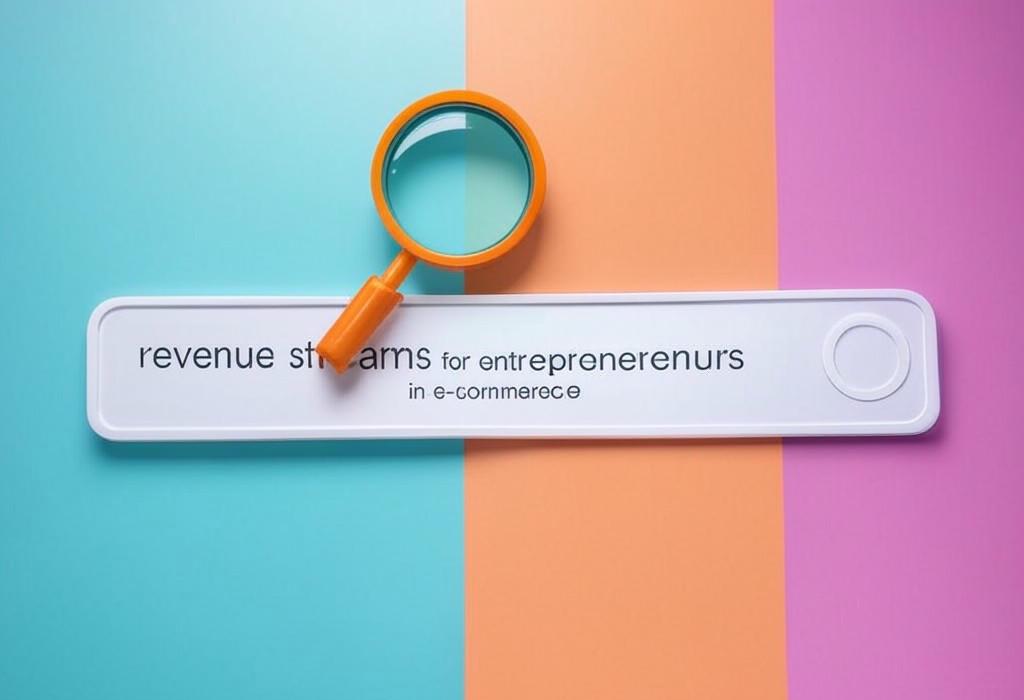 A search bar and a magnifying glass with a vivid gradient background exploring the topic of Revenue streams for entrepreneurs in e-commerce: Discover proven ways to multiply your profits and escape the 9-5 grind. Start building your financial freedom today!