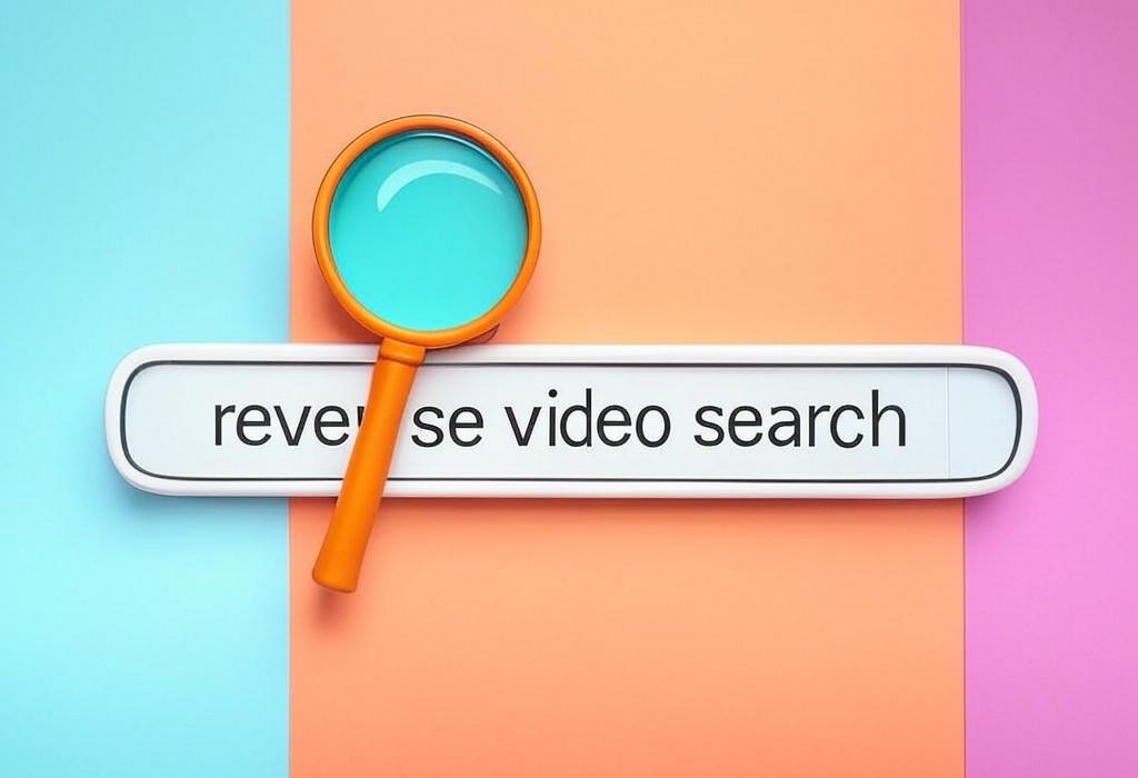 A search bar and a magnifying glass with a vivid gradient background exploring the topic of Reverse video search: Unlock the origins of any video clip with our powerful tools. Find who created it, where it's been shared, and discover similar content in just seconds.