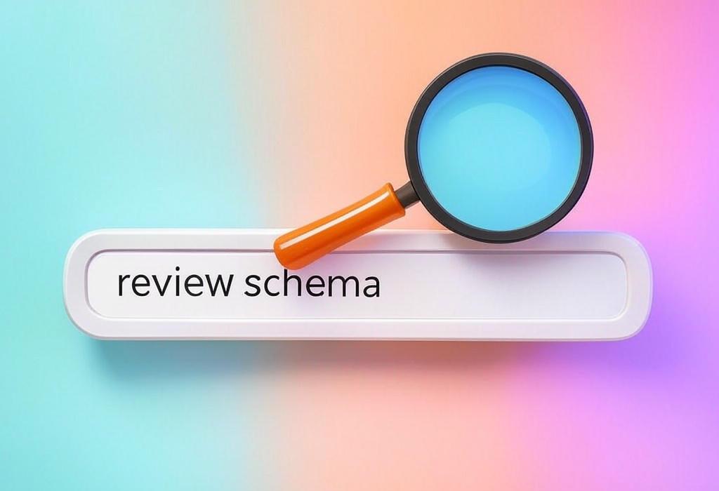 A search bar and a magnifying glass with a vivid gradient background exploring the topic of Review schema boosts your visibility in search results with star ratings that catch eyes. Learn how to implement it properly and stand out from competitors online.