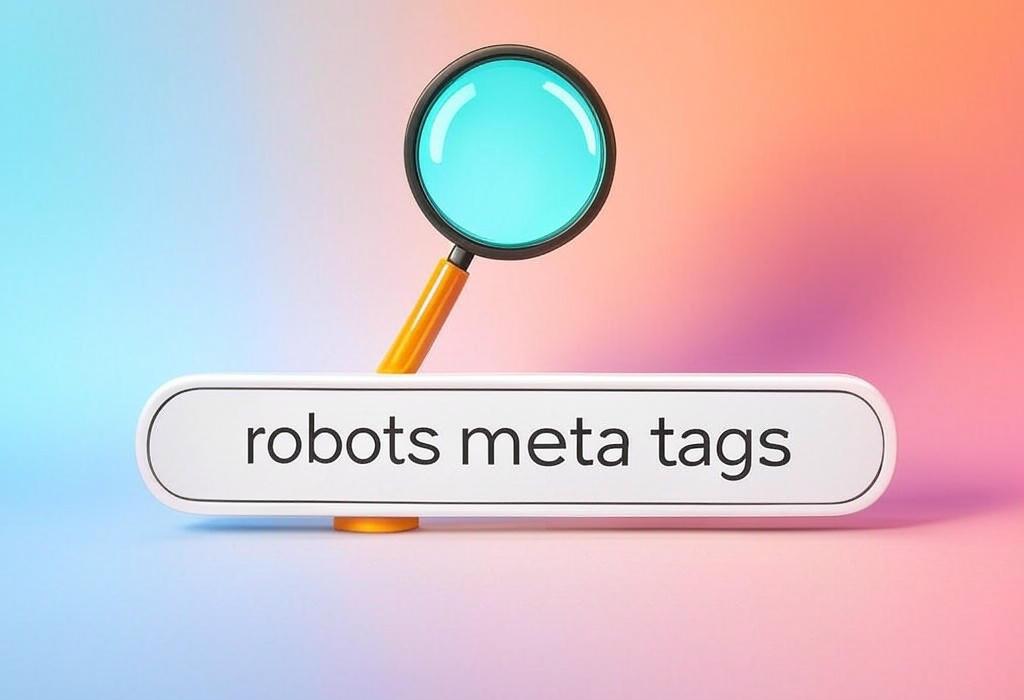 A search bar and a magnifying glass with a vivid gradient background exploring the topic of Robots meta tags: Unlock the secret codes that tell search engines what to do with your website! Learn how to control crawlers and boost your SEO rankings instantly.