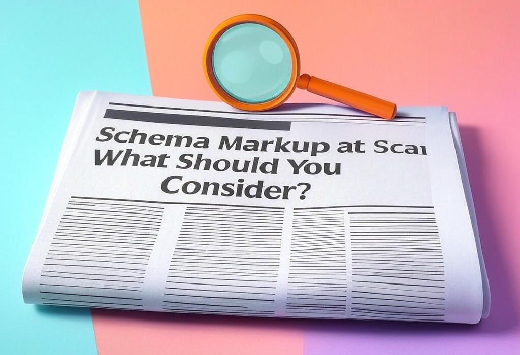 A newspaper and a magnifying glass with a vivid gradient background exploring the topic of Implementing schema markup at scale? Discover the essential factors you can't ignore for massive SEO wins. Read this first!