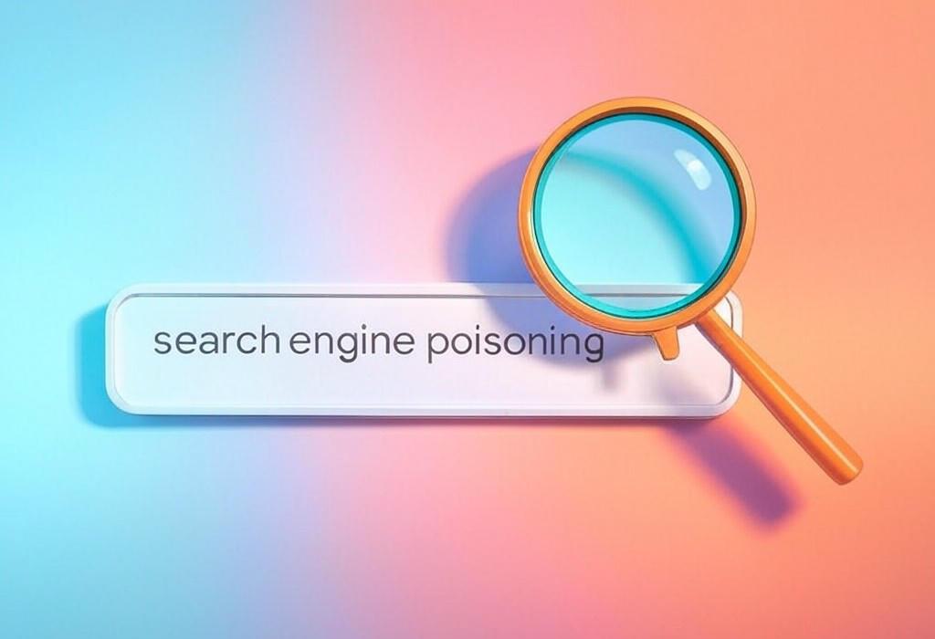 A search bar and a magnifying glass with a vivid gradient background exploring the topic of Search engine poisoning tricks Google into showing harmful websites. Learn how hackers exploit SEO to spread malware and how to protect yourself from these sneaky cyber attacks.