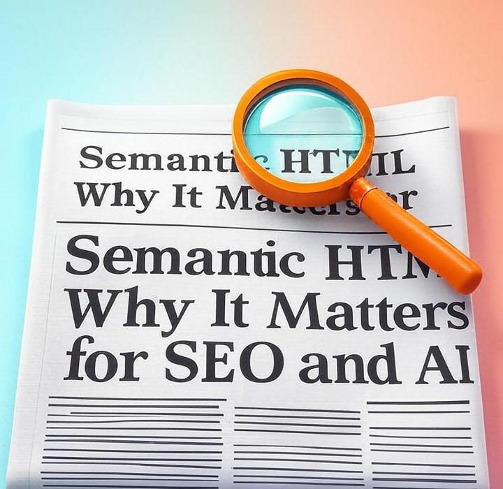 A newspaper and a magnifying glass with a vivid gradient background exploring the topic of Semantic HTML is your direct line to Google and AI. Stop guessing and start using code that boosts rankings and prepares your site for what's next.