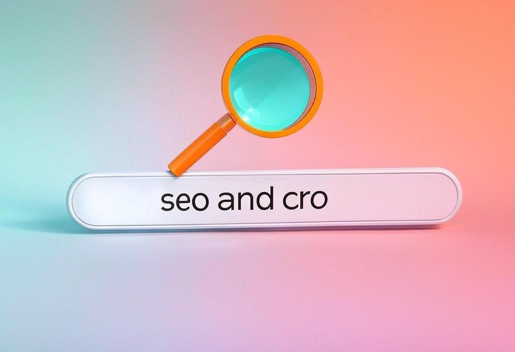 A search bar and a magnifying glass with a vivid gradient background exploring the topic of SEO and CRO: The dynamic duo that transforms your website into a conversion machine. Discover how combining these strategies can boost traffic AND turn visitors into paying customers!