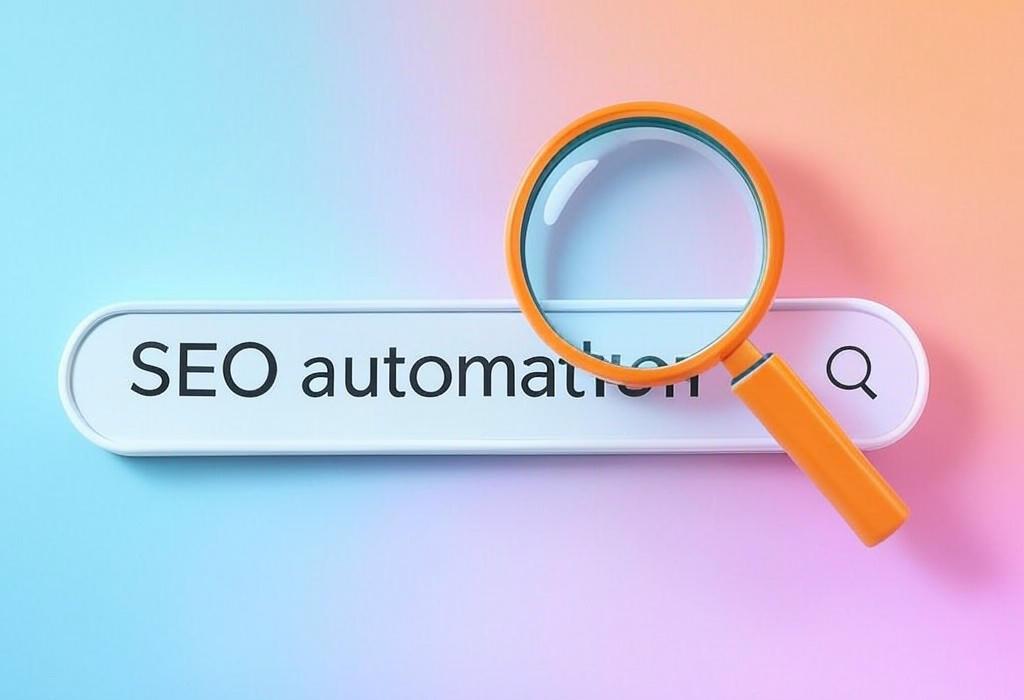 A search bar and a magnifying glass with a vivid gradient background exploring the topic of SEO automation saves hours of tedious work! Discover smart tools and strategies to rank higher while doing less manual work. Boost your results and free up time for strategic growth.