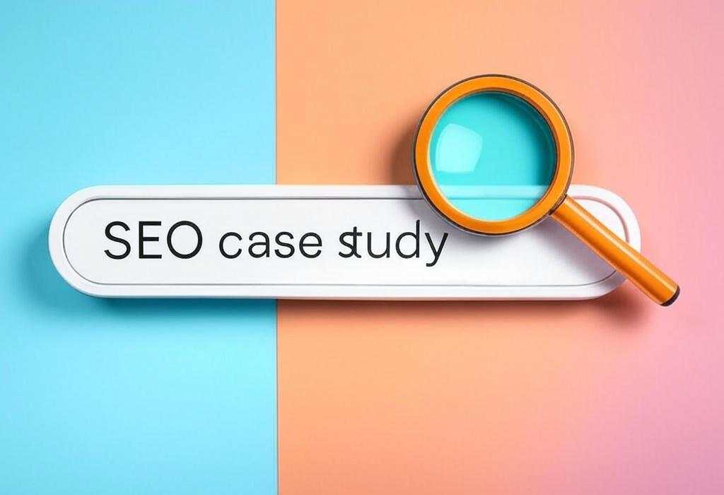 A search bar and a magnifying glass with a vivid gradient background exploring the topic of Discover how our SEO case study transformed a struggling bakery into a digital success story. Unlock real strategies that doubled traffic and watch your business rise like fresh bread!