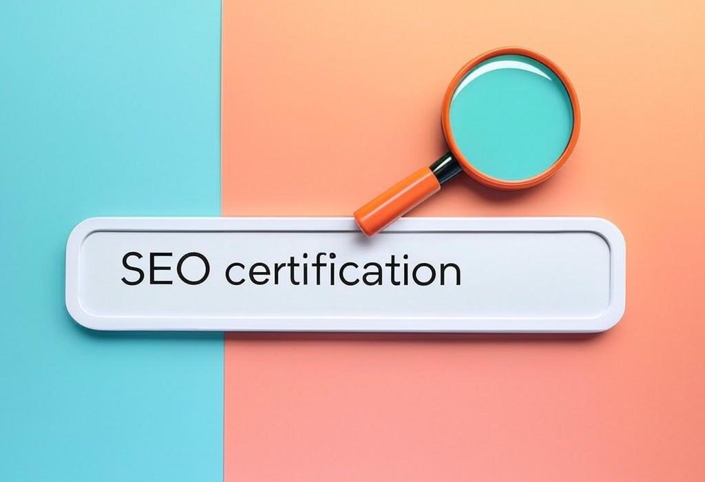 A search bar and a magnifying glass with a vivid gradient background exploring the topic of SEO certification: Unlock the skills that can skyrocket your career with industry-recognized training. Boost your credibility and land better jobs with proof of your search expertise!