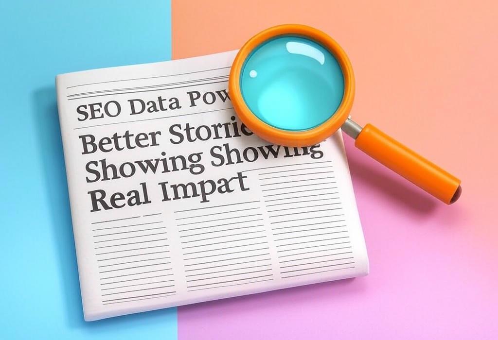 A newspaper and a magnifying glass with a vivid gradient background exploring the topic of SEO data isn't just boring numbers. Transform it into compelling stories that prove real business impact. Ready to wow your team & execs? See how!