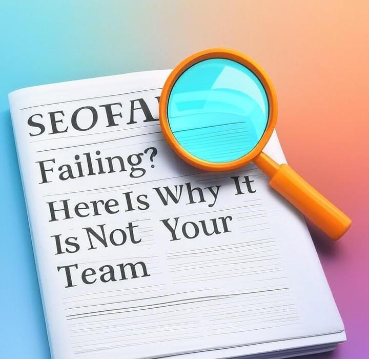 A newspaper and a magnifying glass with a vivid gradient background exploring the topic of SEO isn't working? Stop blaming your team. The real reason your strategy is failing is likely a company wide issue you haven't even considered. Find out what's truly to blame.