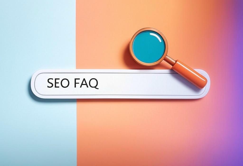 A search bar and a magnifying glass with a vivid gradient background exploring the topic of SEO FAQ: Get all your burning questions answered! From boosting rankings to driving traffic, our expert guide breaks down everything you need to know for website success.