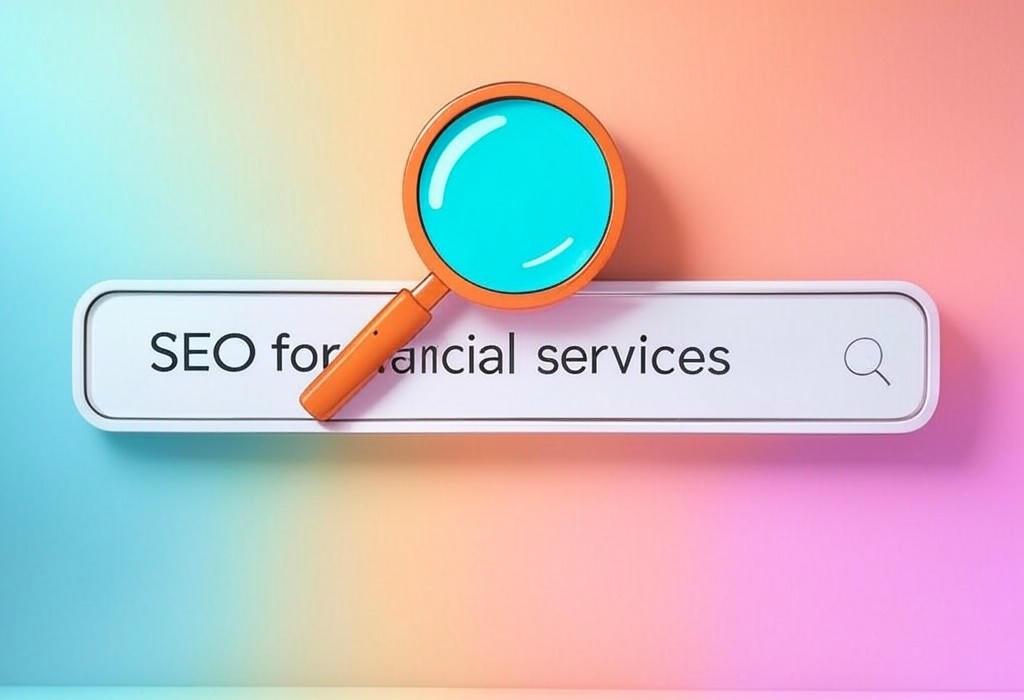 A search bar and a magnifying glass with a vivid gradient background exploring the topic of SEO for financial services: Unlock hidden growth secrets that boost your visibility & convert more clients. Stop losing to competitors & start dominating search rankings today!