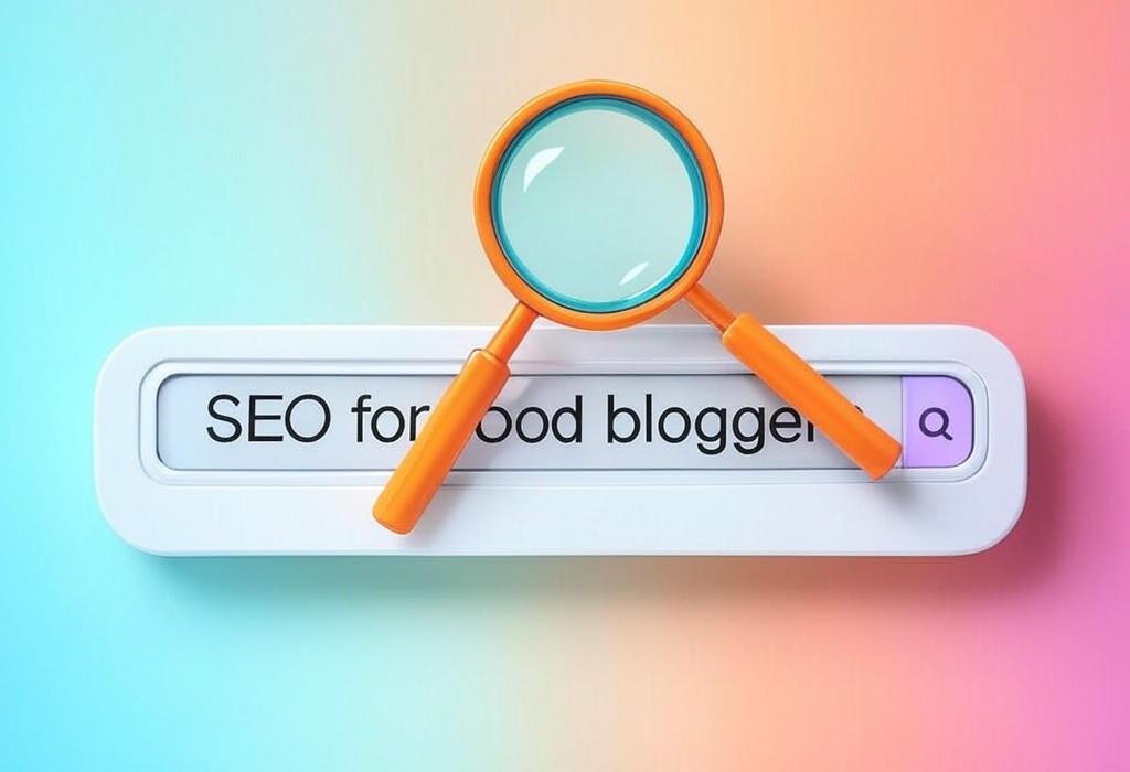 A search bar and a magnifying glass with a vivid gradient background exploring the topic of SEO for food bloggers: Unlock secret ingredients that triple your traffic! Discover how pro food sites rank higher, attract more readers, and monetize without sacrificing your unique culinary voice.