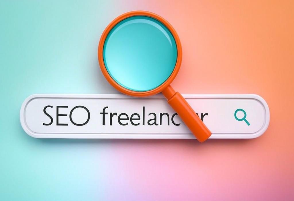 A search bar and a magnifying glass with a vivid gradient background exploring the topic of Become an SEO freelancer and unlock the secrets to working from anywhere while earning top dollar. Discover how to build your client base and skyrocket your income in this competitive field.