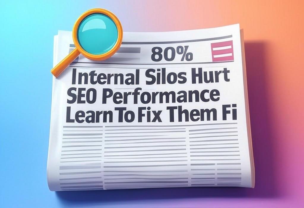 A newspaper and a magnifying glass with a vivid gradient background exploring the topic of Internal silos could be silently killing your search rankings! Discover why these overlooked team barriers hurt your SEO and the crucial steps to fix them.