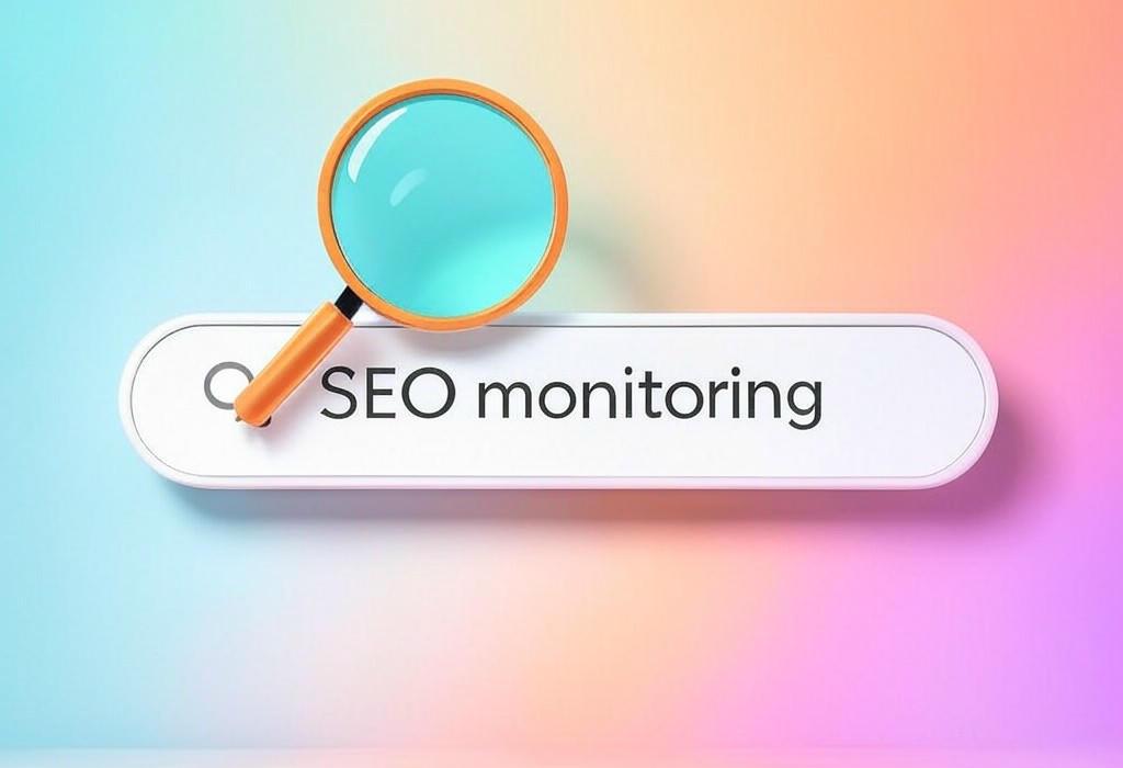 A search bar and a magnifying glass with a vivid gradient background exploring the topic of SEO monitoring secrets revealed! Discover the tools and tactics that boost your rankings while competitors scramble. Track, analyze, and dominate search results without breaking a sweat.