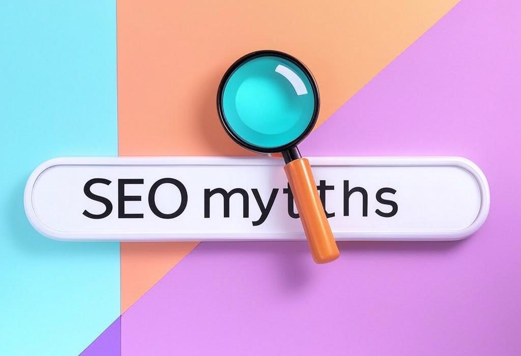 A search bar and a magnifying glass with a vivid gradient background exploring the topic of SEO myths debunked! Discover the truth behind common misconceptions that could be sabotaging your rankings. Stop wasting time on strategies that don't work and start seeing real results.