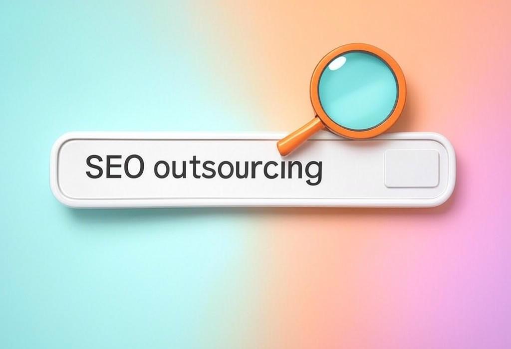A search bar and a magnifying glass with a vivid gradient background exploring the topic of SEO outsourcing saves time while boosting rankings! Discover when to hire experts, how to avoid costly mistakes, and why smart businesses delegate their search optimization. Get better results now!